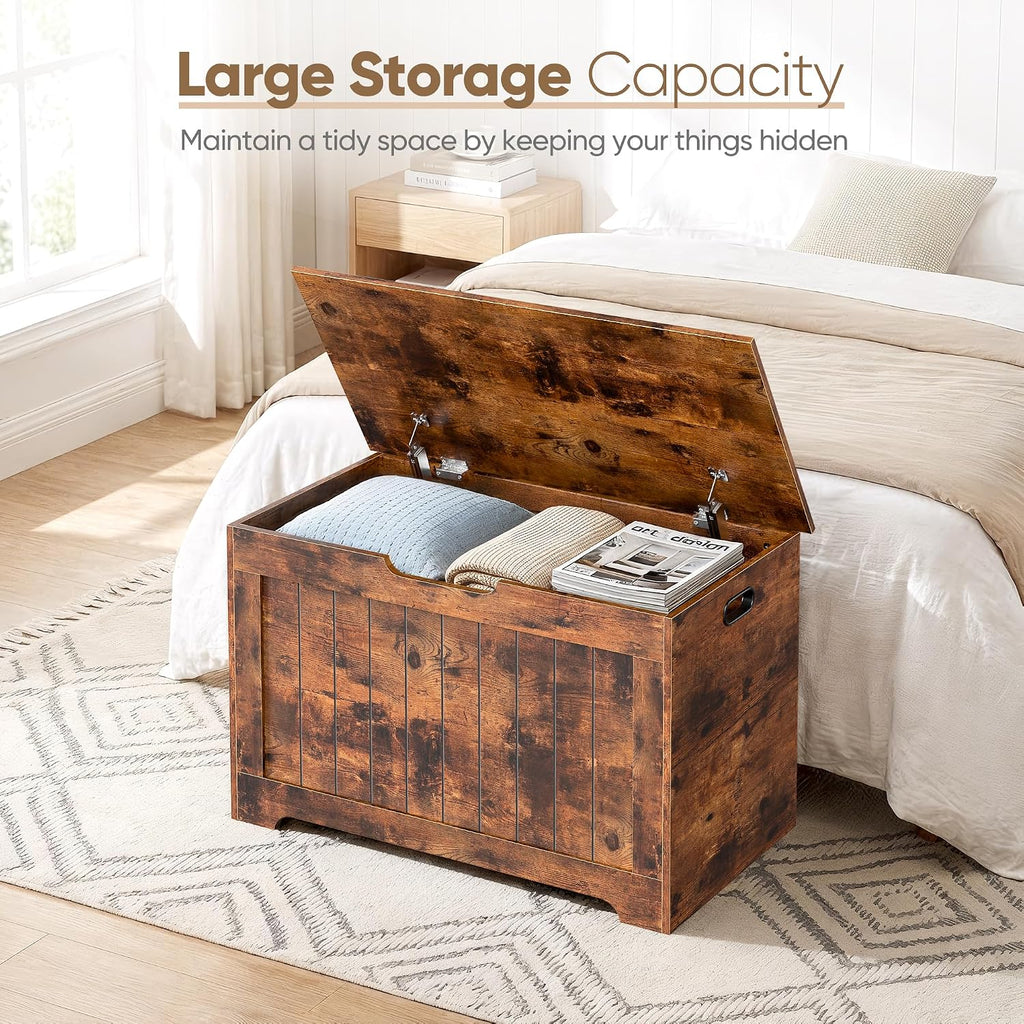 SUPER DEAL Storage Chest, 30 inches Chest Box Organizer with 2 Safety Hinges, Wooden Entryway Storage Bench, Rustic Brown