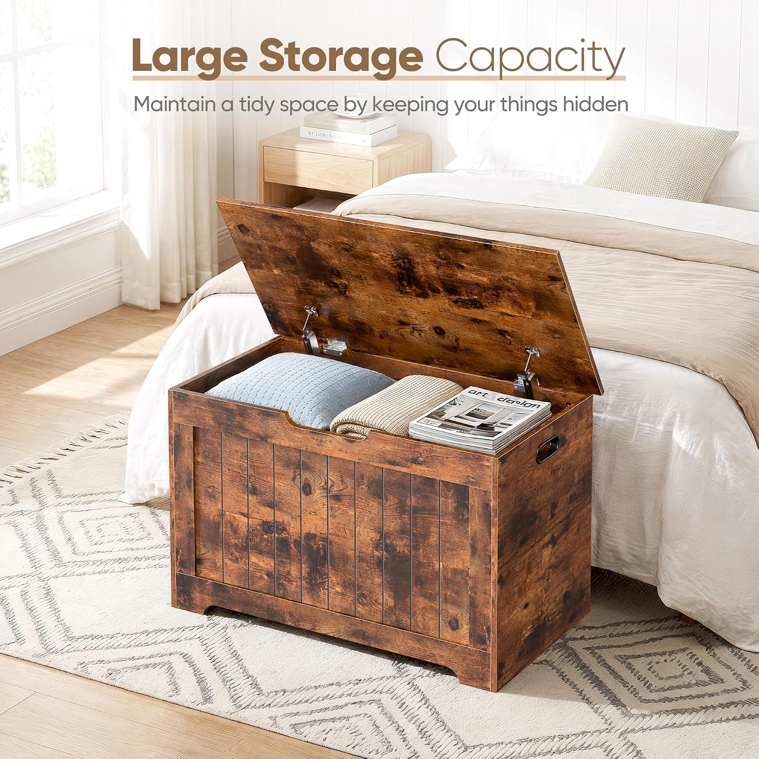 SUPER DEAL Storage Chest, 30 inches Chest Box Organizer with 2 Safety Hinges, Wooden Entryway Storage Bench, Rustic Brown