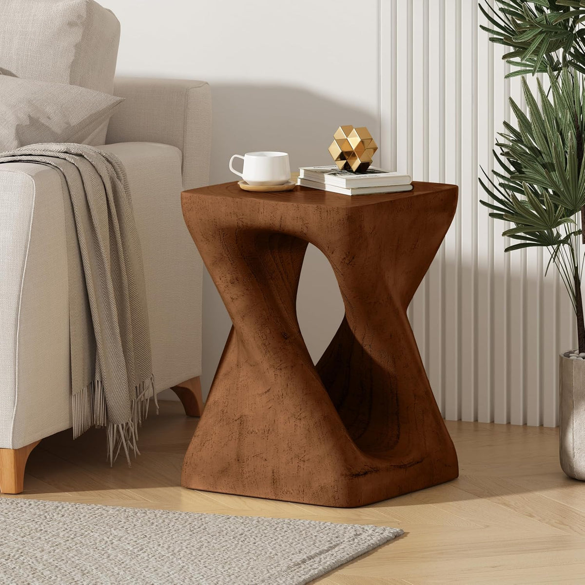 MGO Twist Shape Side Table, 11.75" Vintage Magnesium Oxide (MGO) Side Table, Small Accent Table Bedside Table Nightstand for Living Room Bedroom Balcony No Assembly