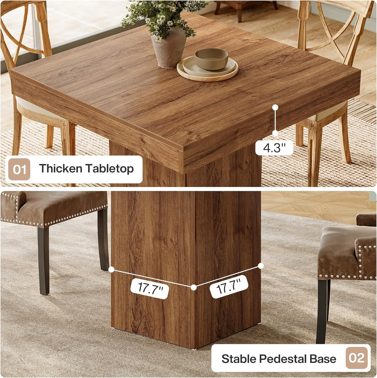 Tribesigns 39-Inch Square Dining Table for 4, Farmhouse Small Kitchen Dinner Eating Table with Sturdy Pedestal Base, Wooden Dining Room Furniture for Dining Room, Kitchen, Apartments (Walnut)