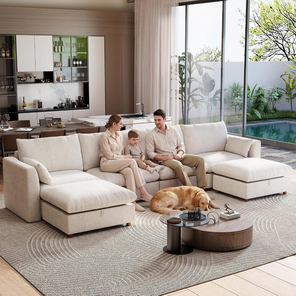 Ihanherry 152" Oversized Modular Sectional Sofa, Modern U Shaped Cloud Couch with 2 Storage Ottoman, 6-Seat Comfy Chenille Deep Seat Sofa with 2 Pillows for Living Room, Beige