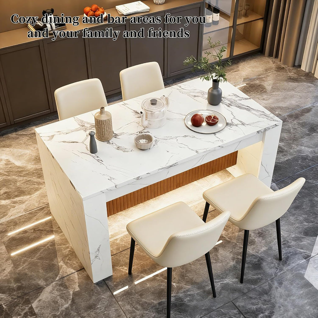 63"*35.4" Large Imitation Marble Dining Table, Mordern Bar Marble Stripes Kitchen Dining Table with Grille Design for 4 5 6 7 People, Island Table with LED Lights for Home Kitchen Living Room.