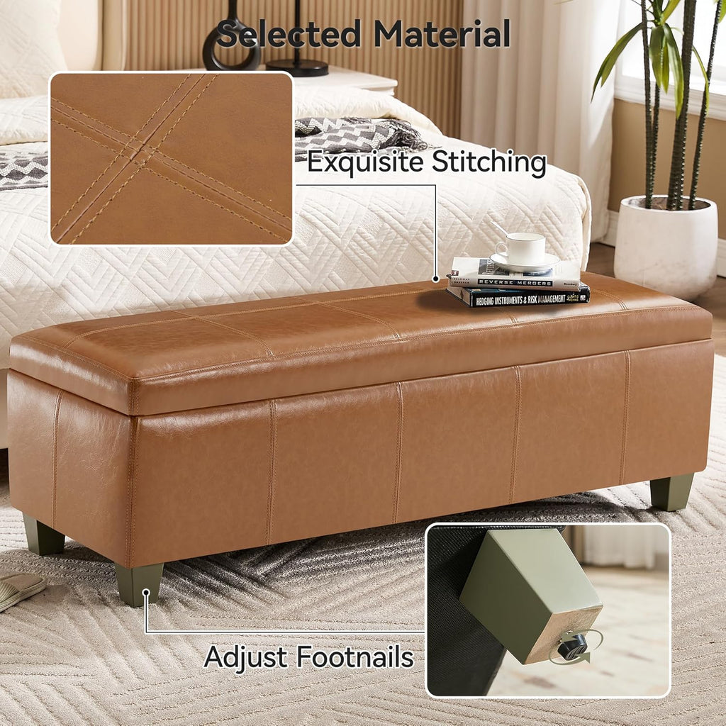 WUTUTUEE 51" Faux Leather Storage Ottoman, Stitch Tufted Rectangle Upholstered End of Bed Storage Bench, Entryway Large Couch Ottoman with Wooden Legs, Light Brown