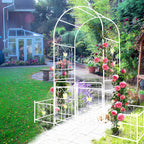 Metal Garden Arbor Arch with Gate and Plant Box, 86.6" H Heavy Duty Garden Trellis with Butterfly Decor for Outdoor Climbing Plants Support, Cream White