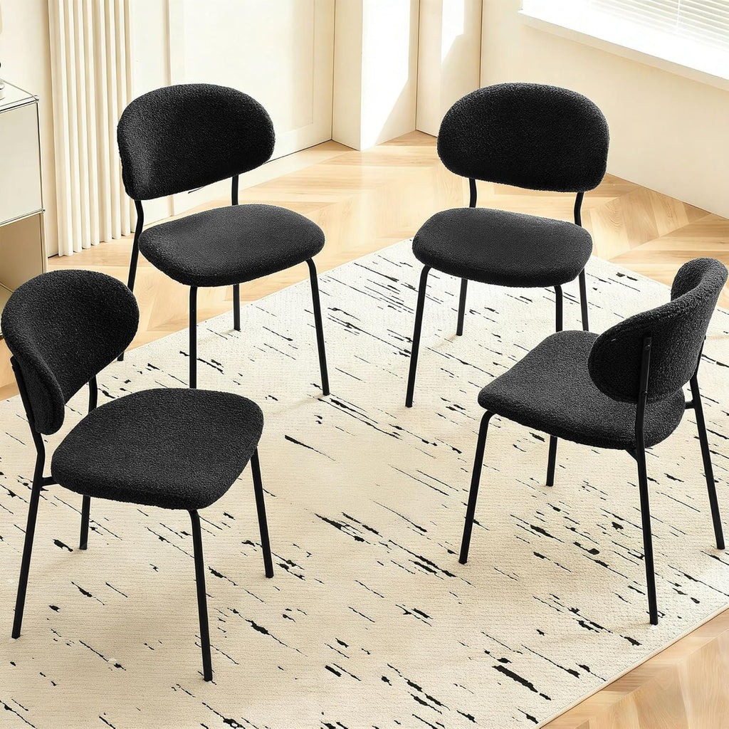 Homedot Modern Kitchen Dining Chairs Black Set of 4, Upholstered Boucle Round Bedroom Reception Side Chairs with Ergonomic Backrest for Apartment, Dining Room, Living Room, Dining Hall
