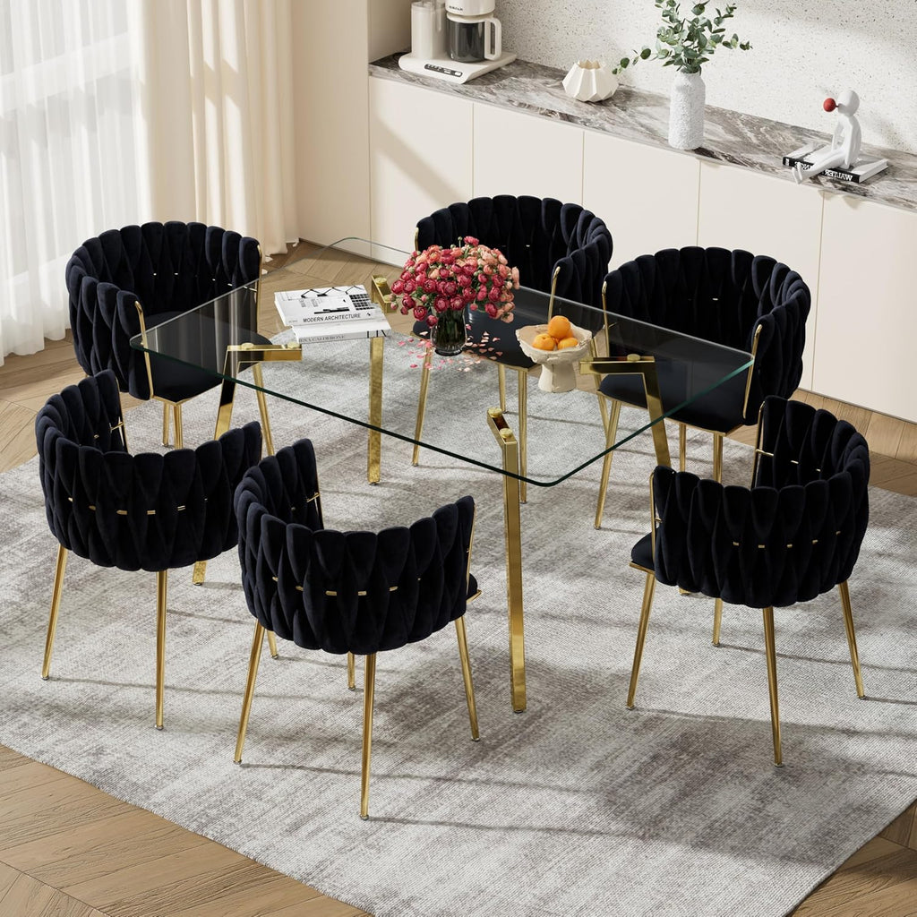 Modern Gold Glass Dining Table Set for 6, 51'' Clear Minimalist Glass Top Rectangular Dinner Table Set, 7 PCS Small Luxury Kitchen Table Set, Black Woven Chair for Home Living Room Apartment