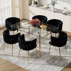 Modern Gold Glass Dining Table Set for 6, 51'' Clear Minimalist Glass Top Rectangular Dinner Table Set, 7 PCS Small Luxury Kitchen Table Set, Black Woven Chair for Home Living Room Apartment