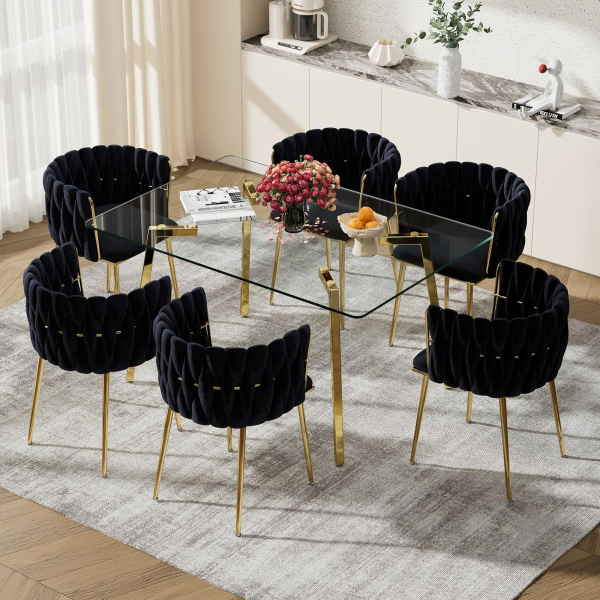 Modern Gold Glass Dining Table Set for 6, 51'' Clear Minimalist Glass Top Rectangular Dinner Table Set, 7 PCS Small Luxury Kitchen Table Set, Black Woven Chair for Home Living Room Apartment