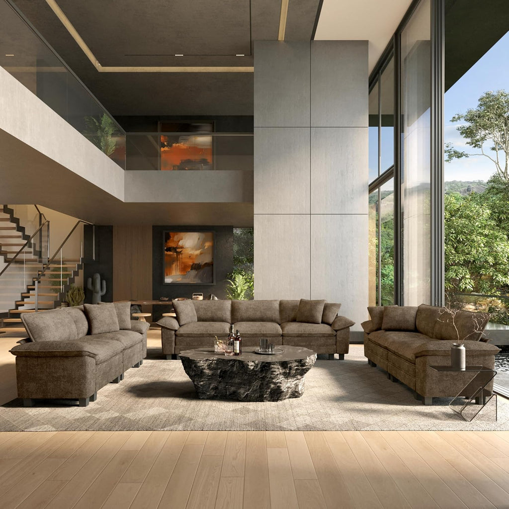 HERA'S HOUSE 3 Pieces Modular Cloud Couch and Chair Set Setional Sofa | Modern 5-Seater Sofa Set , Grayish Brown, Wider Armrest, Comfy Deep Seat, Soft Chenille Furniture Set for Living Room