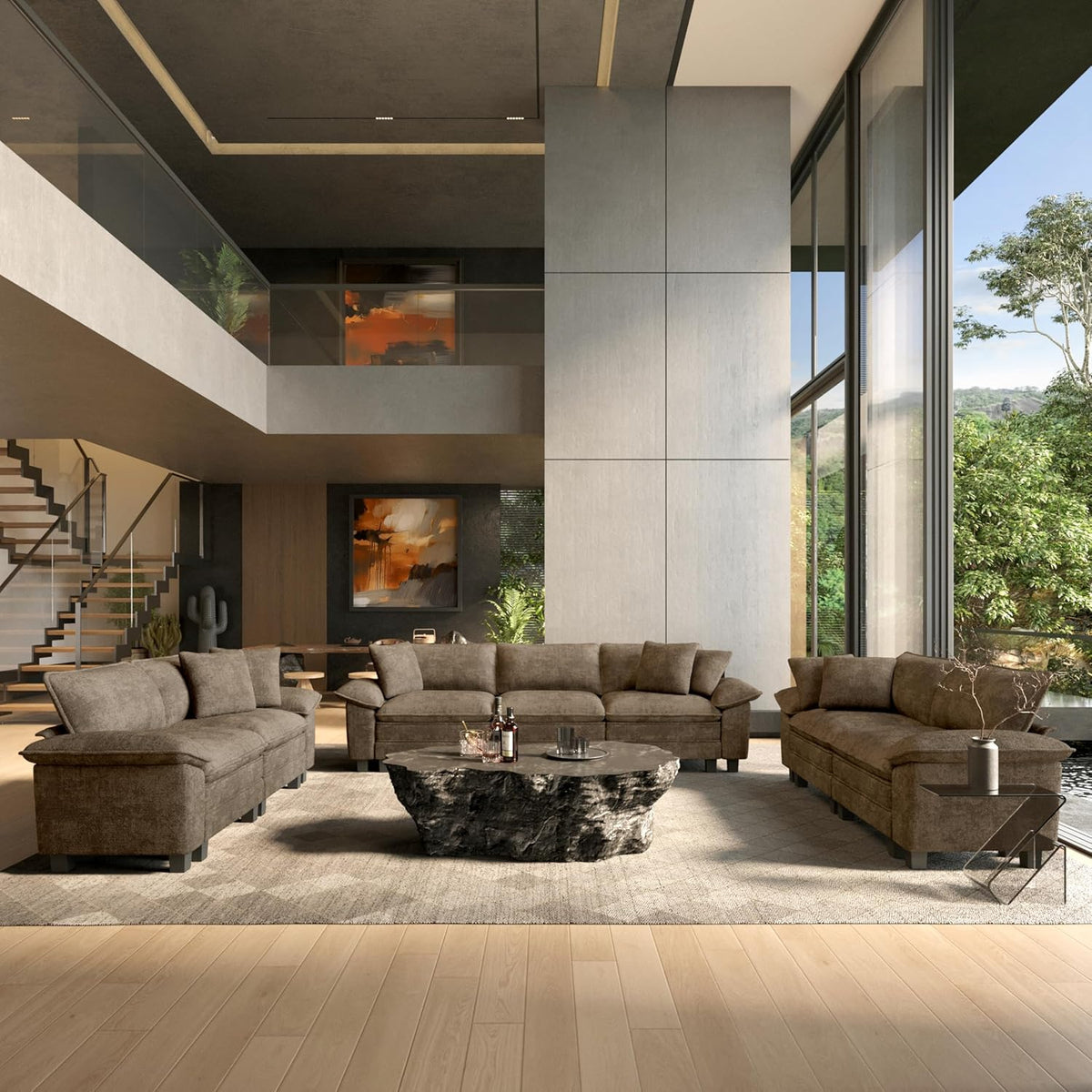 HERA'S HOUSE 3 Pieces Modular Cloud Couch and Chair Set Setional Sofa | Modern 5-Seater Sofa Set , Grayish Brown, Wider Armrest, Comfy Deep Seat, Soft Chenille Furniture Set for Living Room