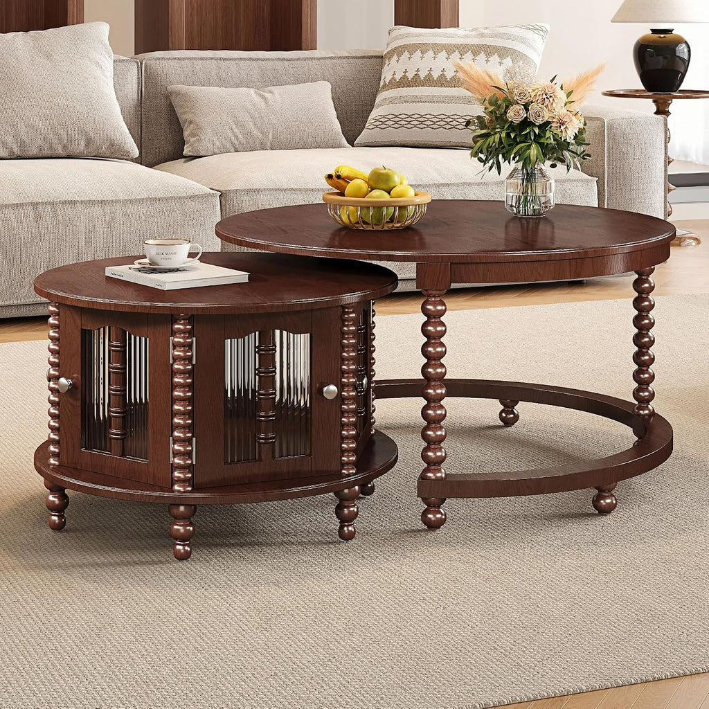 32" Vintage Designed Stacking Nesting Tables, Set of Nesting Tables with Hidden Storage Cabinet, Side Tables with Classic Retro Decor for Indoor Home Spaces, Walnut