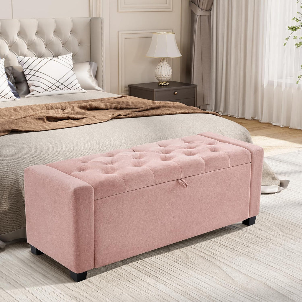Royal Windsor Ottoman with Storage,Tufted Storage Bench with Safety Hinge,Holds up to 350 lb,Upholstered Bench with Seating for Bedroom, Living Room,Entryway,Pink