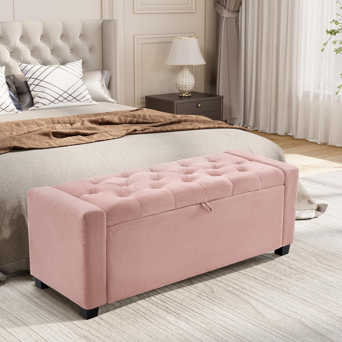 Royal Windsor Ottoman with Storage,Tufted Storage Bench with Safety Hinge,Holds up to 350 lb,Upholstered Bench with Seating for Bedroom, Living Room,Entryway,Pink