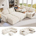 Vipbear 7 Seat L Shaped Modular Sectional Sleeper Sofa Bed with Ottoman/Pull Out Bed/Reclining Backrest/USB Ports/Table/LED Light/Storage Seat, Tool-Free Assembly, Chenille Beige