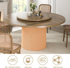 55 Inch Round Dining Table for 6 with Lazy Susan, Modern Farmhouse Kitchen Table with Wood Strip Base for Dining Living Room, Brown
