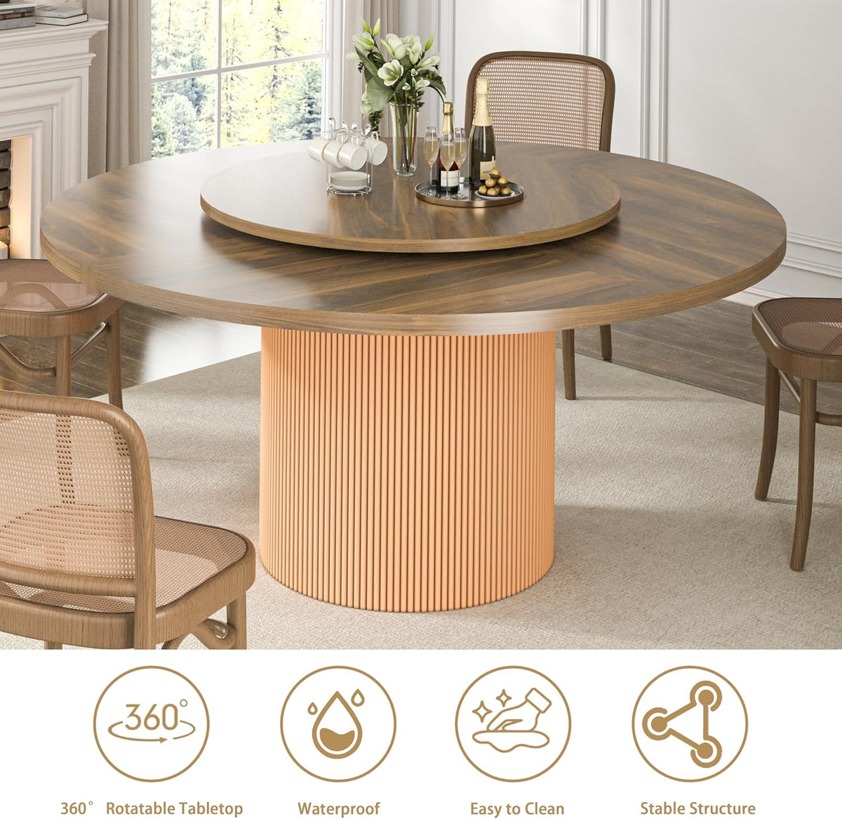 55 Inch Round Dining Table for 6 with Lazy Susan, Modern Farmhouse Kitchen Table with Wood Strip Base for Dining Living Room, Brown