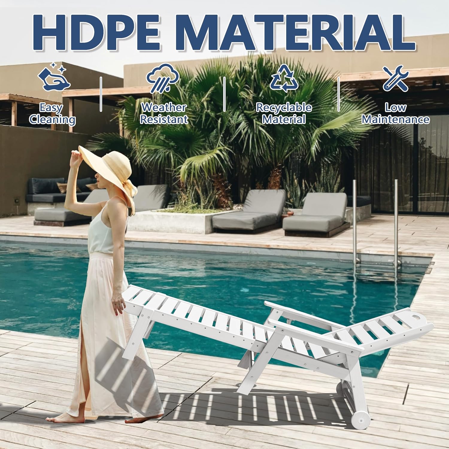 Patio Chaise Lounge Chair Set of 2, HDPE Outdoor Lounge Chairs with 5-Position Adjustable Backrest, Cup Holder and Wheels, 450lbs Capacity for Poolside Deck Backyard, All Weather Material(White)