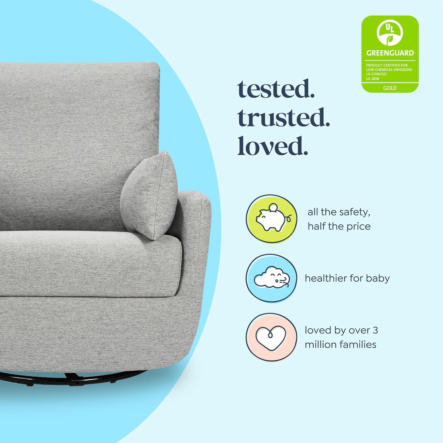Davinci Juno Swivel Glider, GREENGUARD Gold Certified, Frost Grey | FSC & CertiPUR-US Certified Glider w/ 360° Swivel & Metal Base - Spacious Seating for Extra Comfort - Fully Assembled