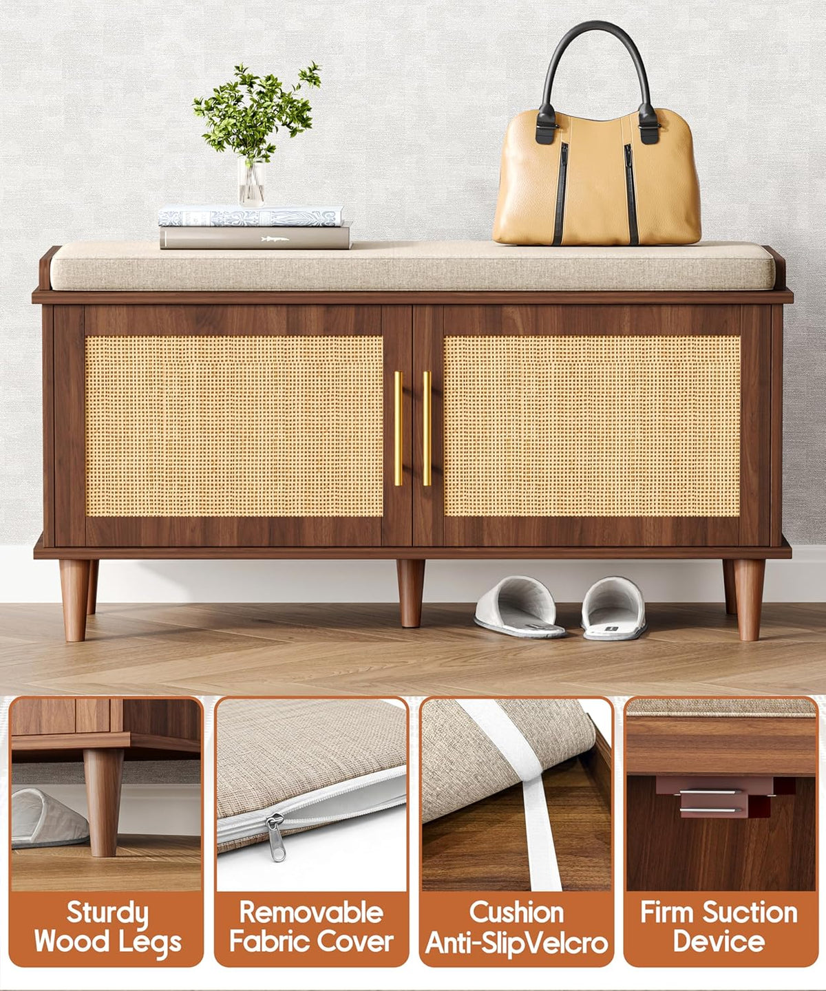 Akxomel Rattan Shoe Storage Bench with Cushion, 2-Tier Entryway Bench with Adjustable Shelves and 2 Doors, 15" D x 39.4" W x 20" H, Solid Wood Legs, for Hallway, Living Room, Bedroom, Walnut
