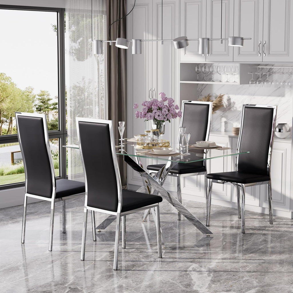 Modern Glass Dining Table Set for 4, 5-Piece Rectangular Kitchen Table Set with Silver Sturdy Metal Legs&4 Black Faux Leather Dining Chairs for Home Dining Room Kitchen