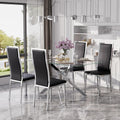 Modern Glass Dining Table Set for 4, 5-Piece Rectangular Kitchen Table Set with Silver Sturdy Metal Legs&4 Black Faux Leather Dining Chairs for Home Dining Room Kitchen