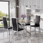 Modern Glass Dining Table Set for 4, 5-Piece Rectangular Kitchen Table Set with Silver Sturdy Metal Legs&4 Black Faux Leather Dining Chairs for Home Dining Room Kitchen