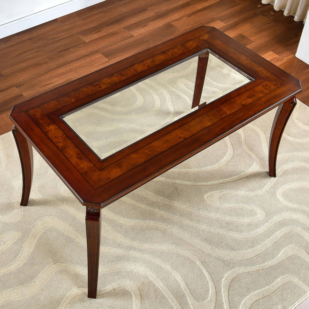 Rectangular Glass Dining Table 59” with Cherry Veneer Frame and Solid Wood Legs, for 4-6 People Tempered Glass Tabletop for Dining Room or Kitchen,Easy Assemble, Cherry Brown, CZ-A1168-GT