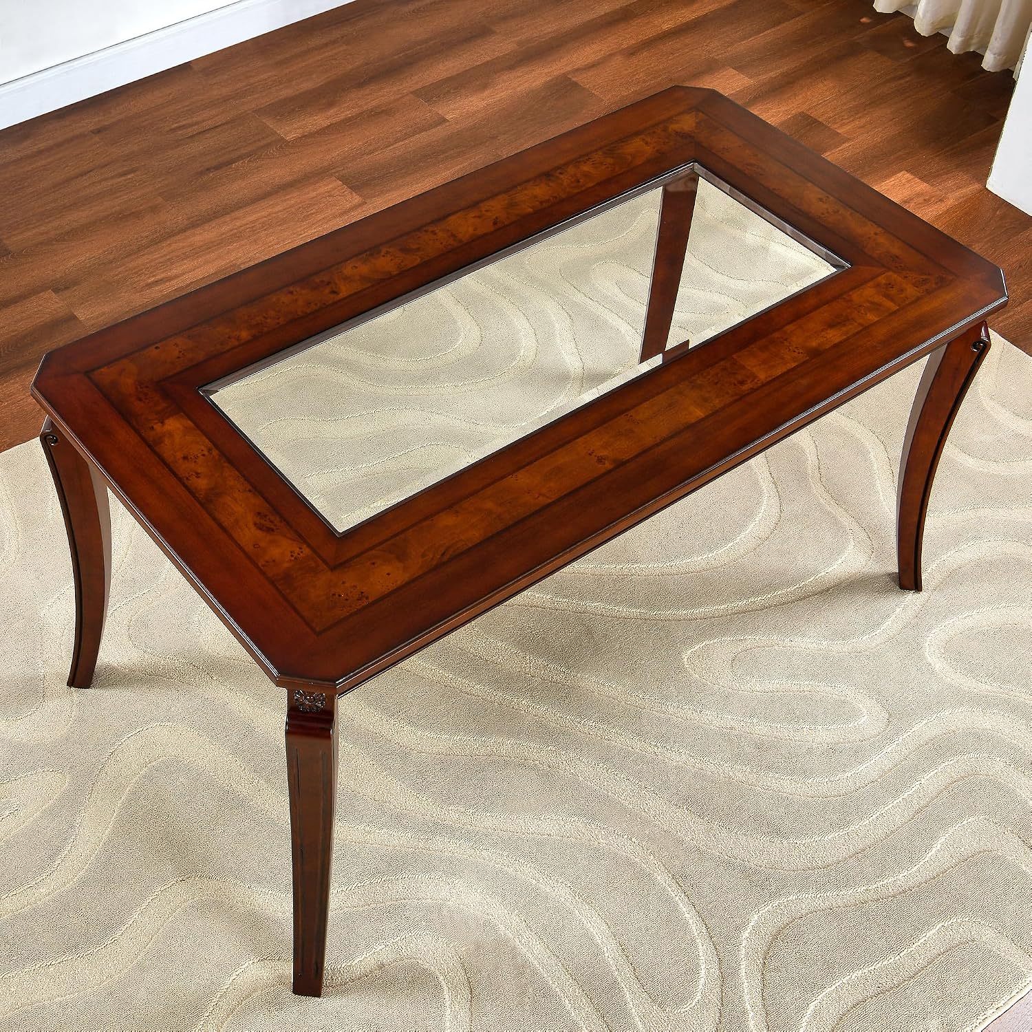 Rectangular Glass Dining Table 59” with Cherry Veneer Frame and Solid Wood Legs, for 4-6 People Tempered Glass Tabletop for Dining Room or Kitchen,Easy Assemble, Cherry Brown, CZ-A1168-GT