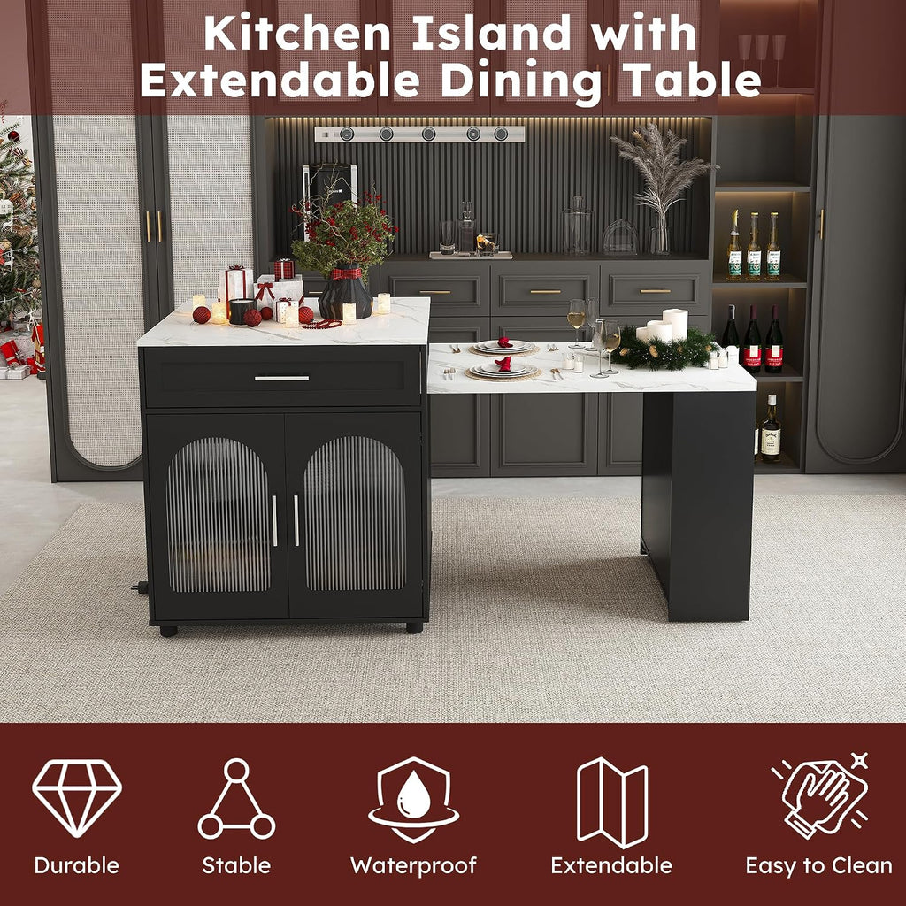 80-inch Expandable Kitchen Island with Dining Table, Marble-Grain Countertop with Power Outlet, Mobile Storage Cart with Cabinet & 2 Drawers, Kitchen Prep Table(Black, 80.7)