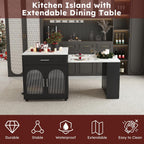 80-inch Expandable Kitchen Island with Dining Table, Marble-Grain Countertop with Power Outlet, Mobile Storage Cart with Cabinet & 2 Drawers, Kitchen Prep Table(Black, 80.7)