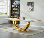 94" White Dining Table for 6-10, Modern Rectangular Kitchen Table with Faux Marble Table Top and Double U-Shaped Gold Stainless Steel Base, Large Long Dinner Table for Kitchen Dining Room