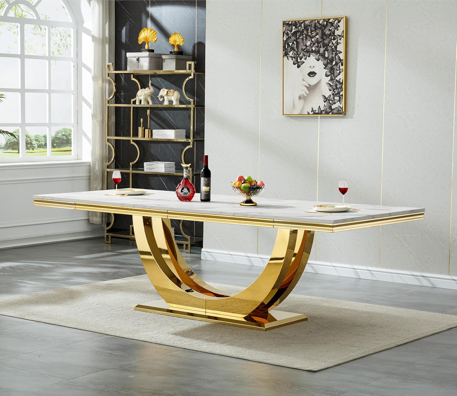 94" White Dining Table for 6-10, Modern Rectangular Kitchen Table with Faux Marble Table Top and Double U-Shaped Gold Stainless Steel Base, Large Long Dinner Table for Kitchen Dining Room