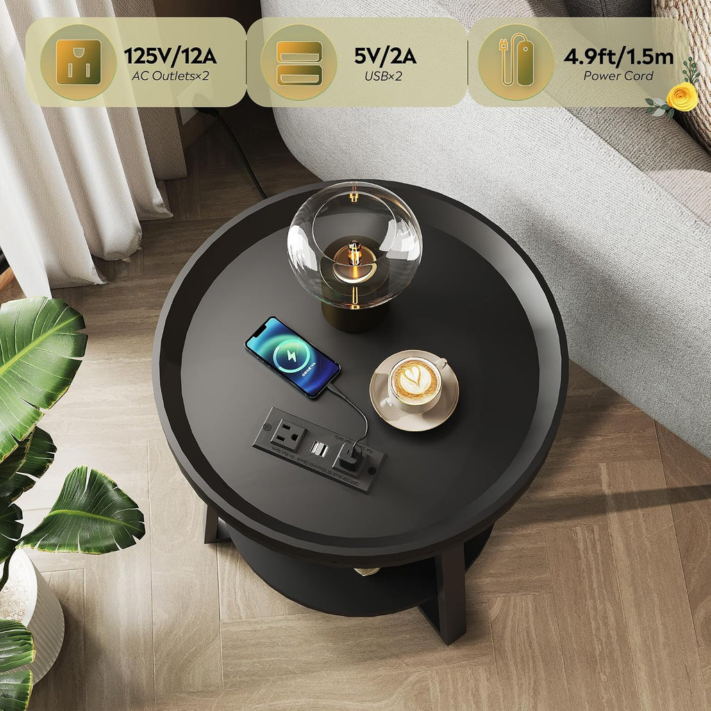 WLIVE Small Round Side Table with Charging Station, Round Coffee Table, 2 Tier End Table for Living Room/Bedroom, Sofa Couch, Easy to Assemble, Wood Tabletop & Metal Frame, Black