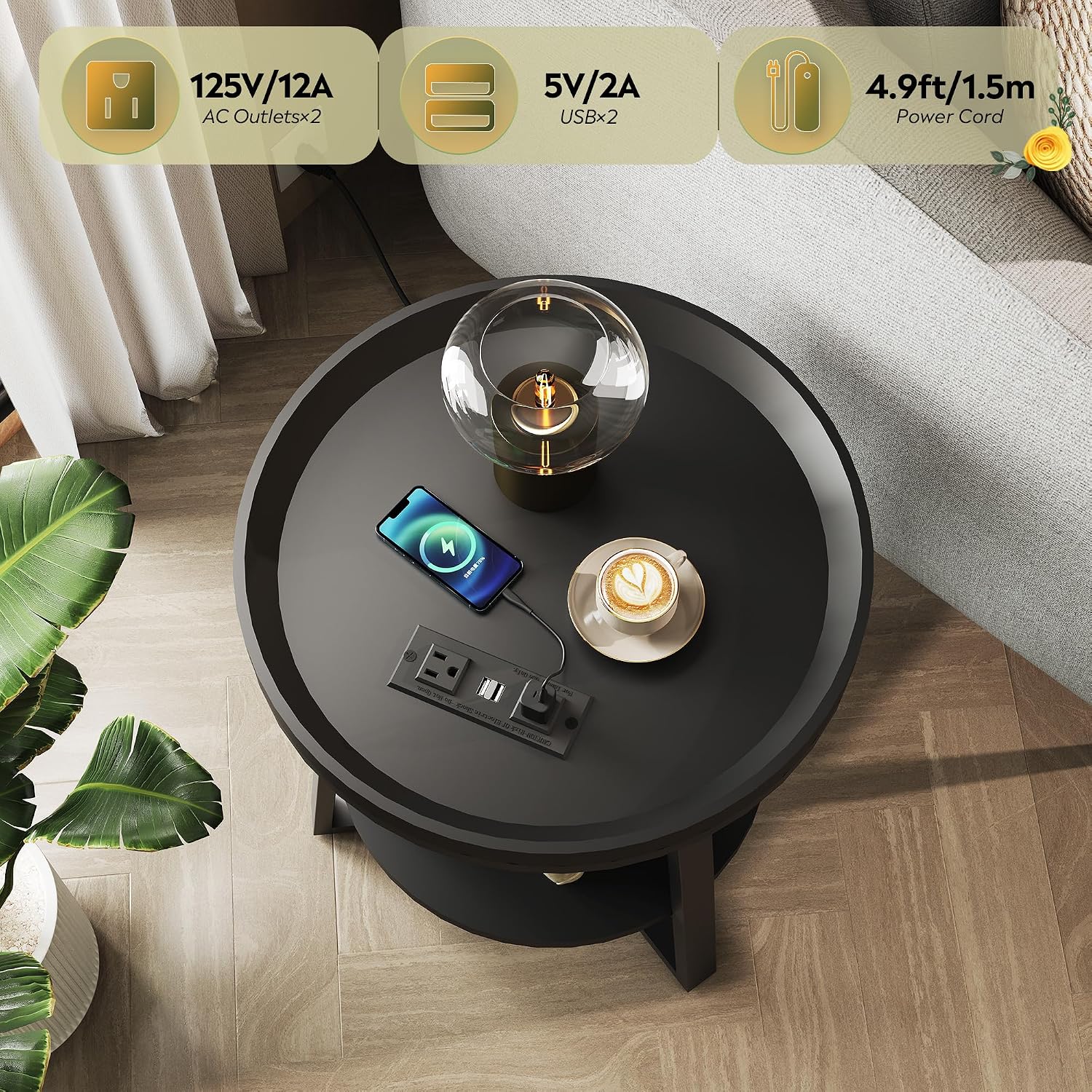 WLIVE Small Round Side Table with Charging Station, Round Coffee Table, 2 Tier End Table for Living Room/Bedroom, Sofa Couch, Easy to Assemble, Wood Tabletop & Metal Frame, Black