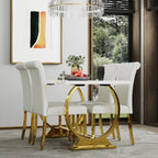 ACEDÉCOR Dining Table Set for 4, 5-Piece White and Gold Dining Set with 4 Faux Leather Dining Chairs, Modern Luxury Dining Room Table Set with Stainless Steel U-Shaped Base