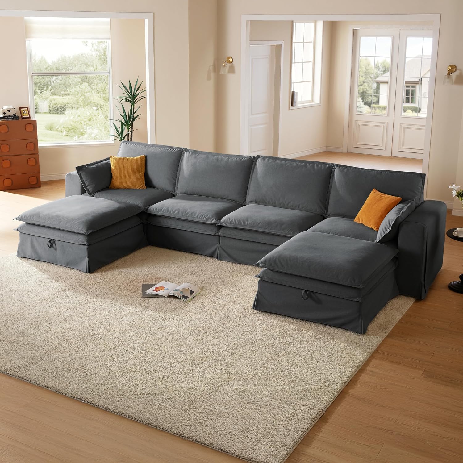 162" Washable Oversized Modular Sectional Sofa Couches for Living Room,Grey | Waterproof Performance Fabric, Cloud Couch Sectional with Fully Removable Cover, 4-Seater with 2 Storage Ottoman, U-Shaped
