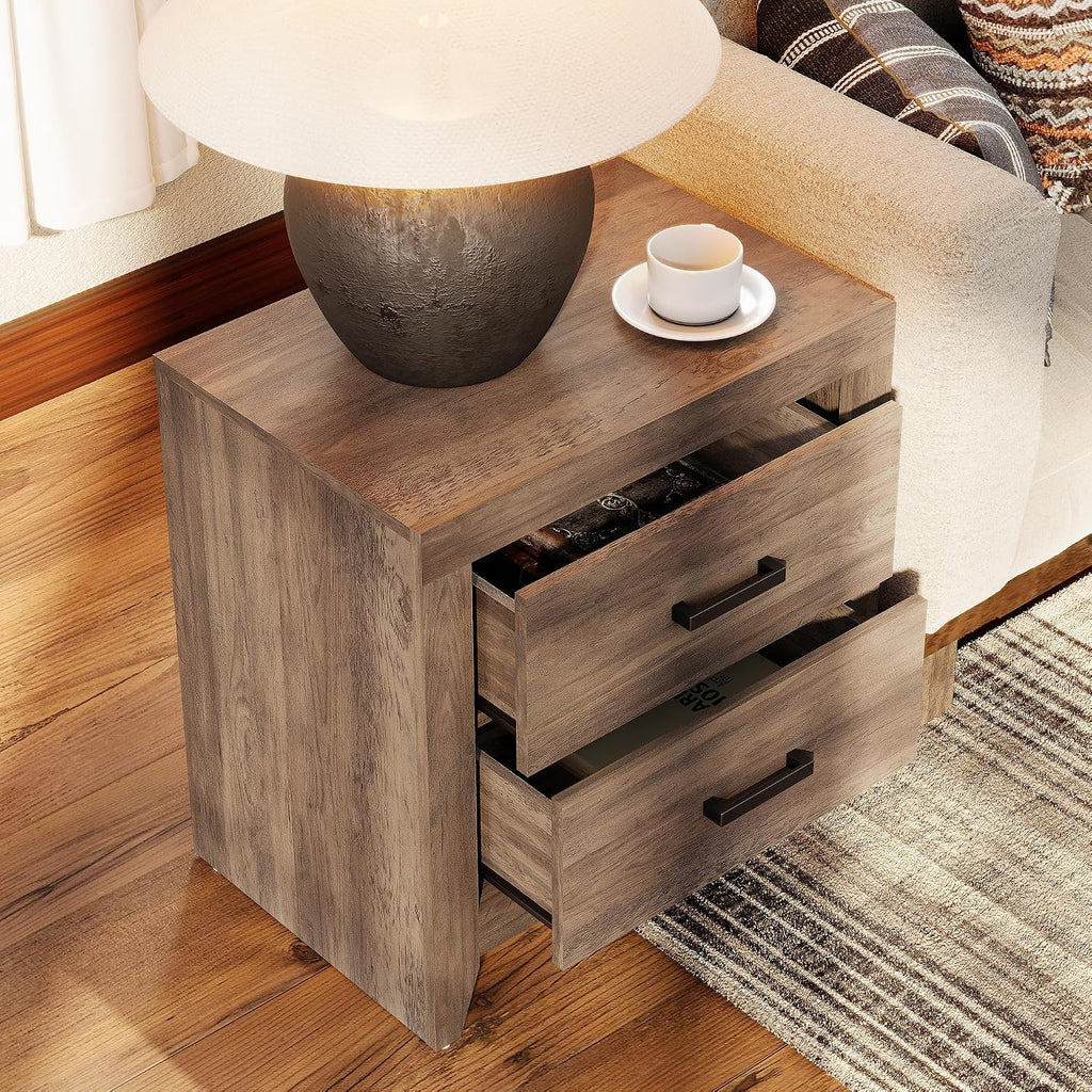 WAMPAT End Table with 2 Large Drawers, Wooden Side Table with Storage, Farmhouse Nightstand for Bedroom and Living Room, Brown