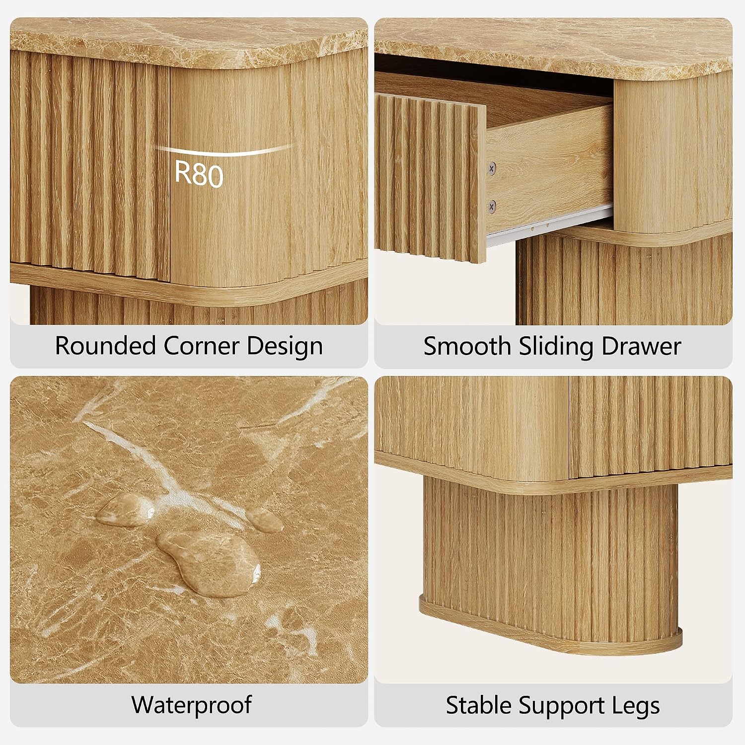 win2win Rectangle Coffee Table with Storage, Faux Marble Top, Boho,Oak