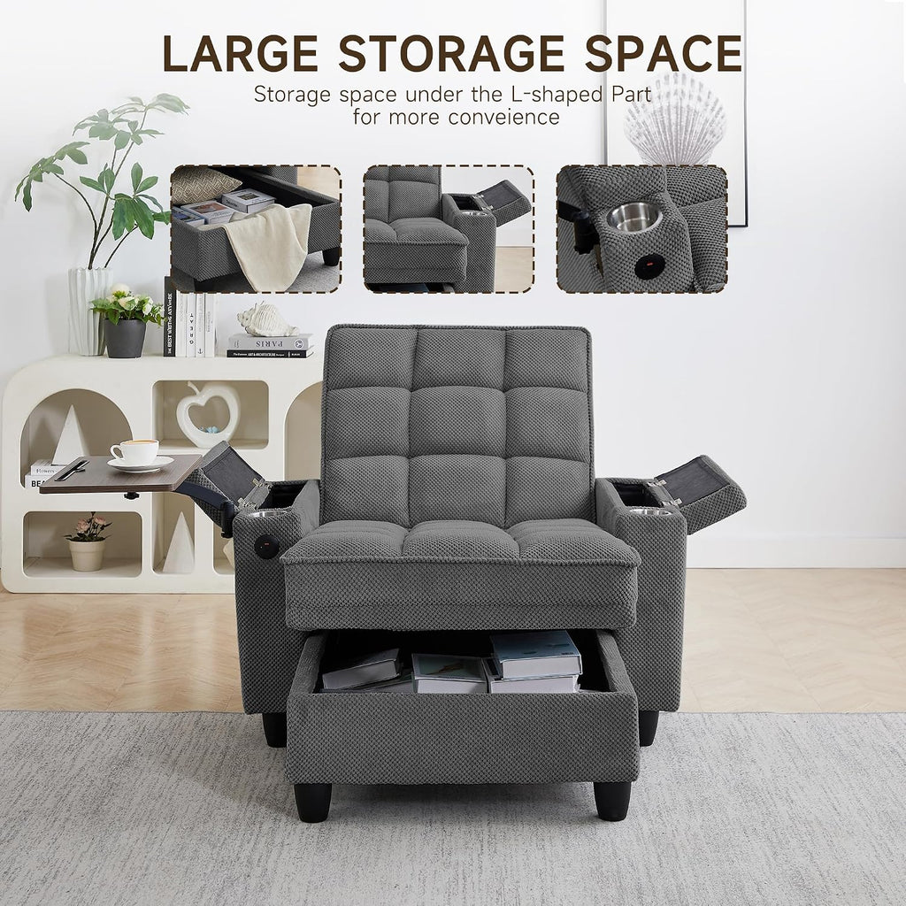 41.7" Oversized Chaise Lounge Chair Indoor, 3-in-1 Convertible Sleeper Lounger with Adjustable Backrest, Deep Seat Reading Chair with Armrest Storage, Swivel Table & Cup Holders (41.7" Dark gray)