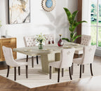 Modern Extendable Dining Table Set for 6, 78.74" Faux Travertine Expandable Table with 6 Beige Velvet Upholstered Chairs, Extendable Dining Room Table Set for 6 for Dinner Party Family Gathering