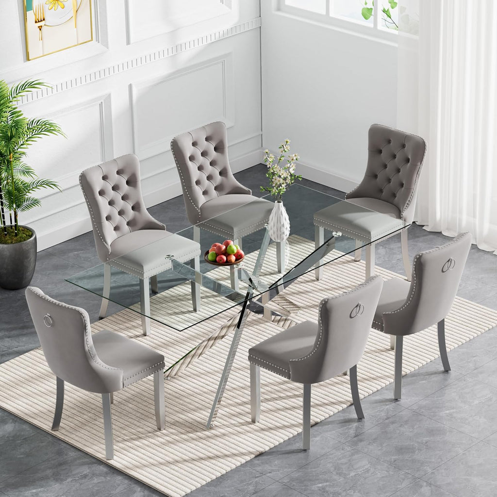 61" Rectangle Glass Dining Table for 4-6, Luxury Kitchen Table with Tempered Glass Top and Silver Metal Cross Legs, Modern Glass Dinner Table for Kitchen Dining Room Small Apartment