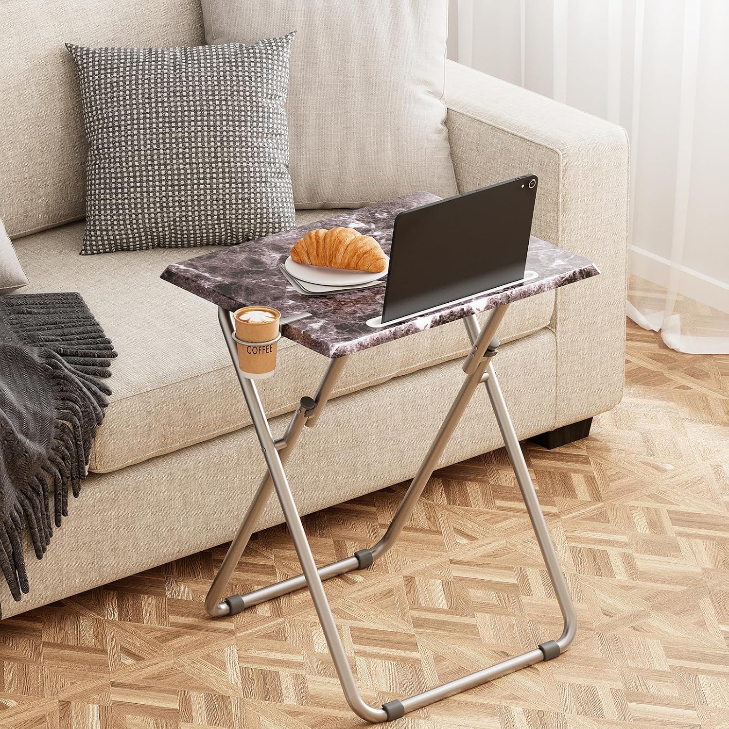 Folding TV Tray Table with Cup Holder, TV Dinner Table with Sturdy MDF Top, Eating Trays with Tablet Slot for Living Room, Bedroom, Sofa, 15 x 18.9 x 25.6 in (Black Marble, 2Pcs)