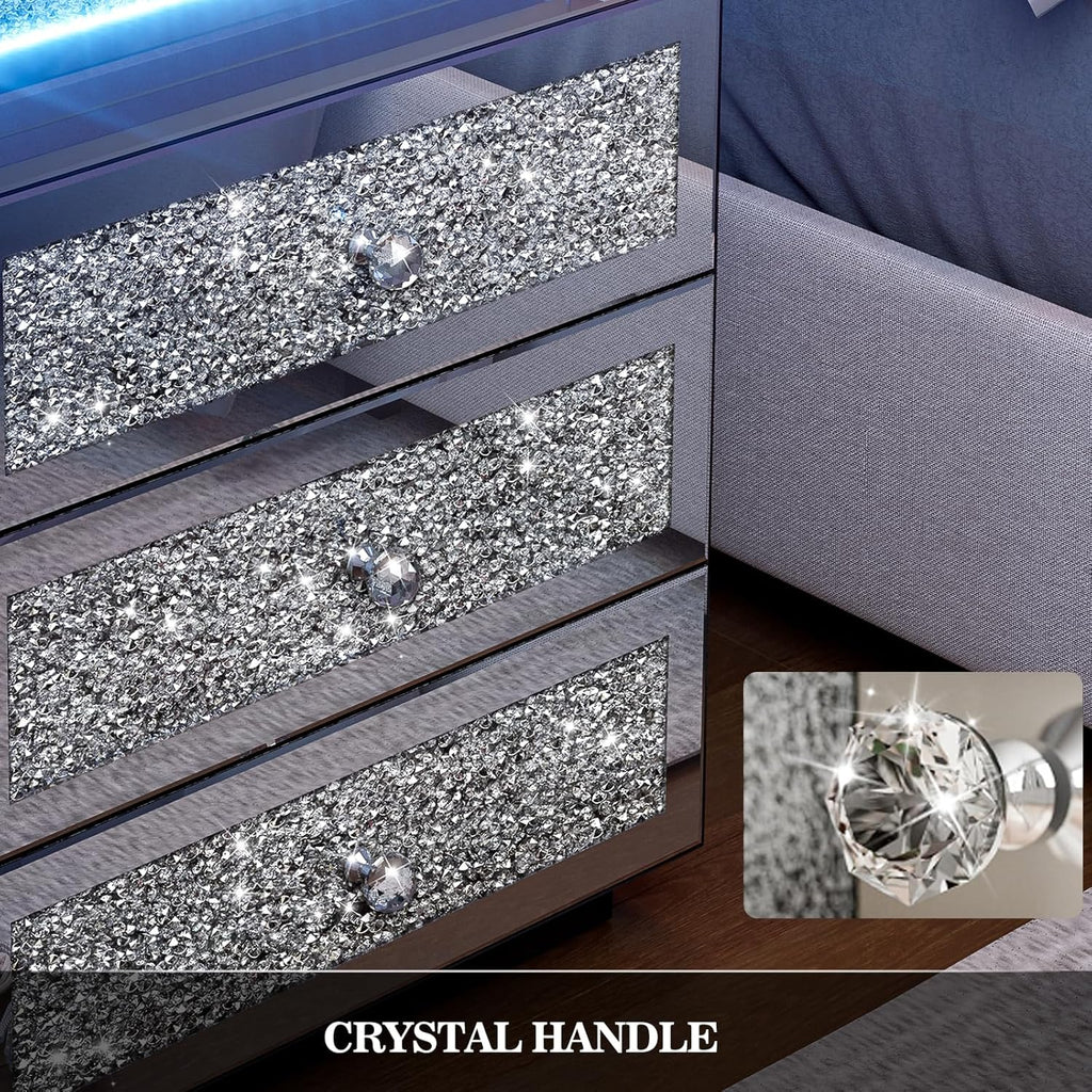 IKIFLY Mirrored Nightstand with Wireless Charging Station, Modern LED Side Table with 3 Drawers, Silver Accent End Table with Crushed Diamonds for Living Room, Bedroom and Office