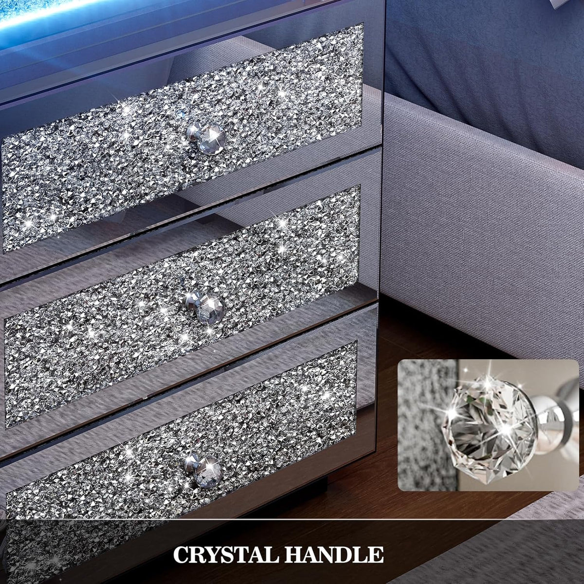 IKIFLY Mirrored Nightstand with Wireless Charging Station, Modern LED Side Table with 3 Drawers, Silver Accent End Table with Crushed Diamonds for Living Room, Bedroom and Office