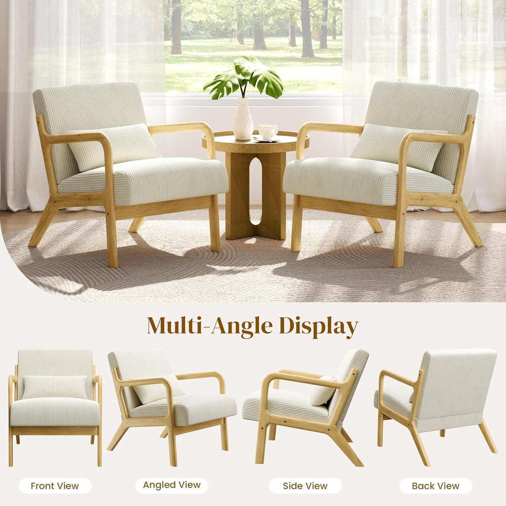 Yaheetech Accent Chair for Living Room, Corduroy Mid Century Modern Reading Armchairs with Lumbar Pillow for Bedroom, Decorative Sofa Chair for Adult Beige/Set of 1