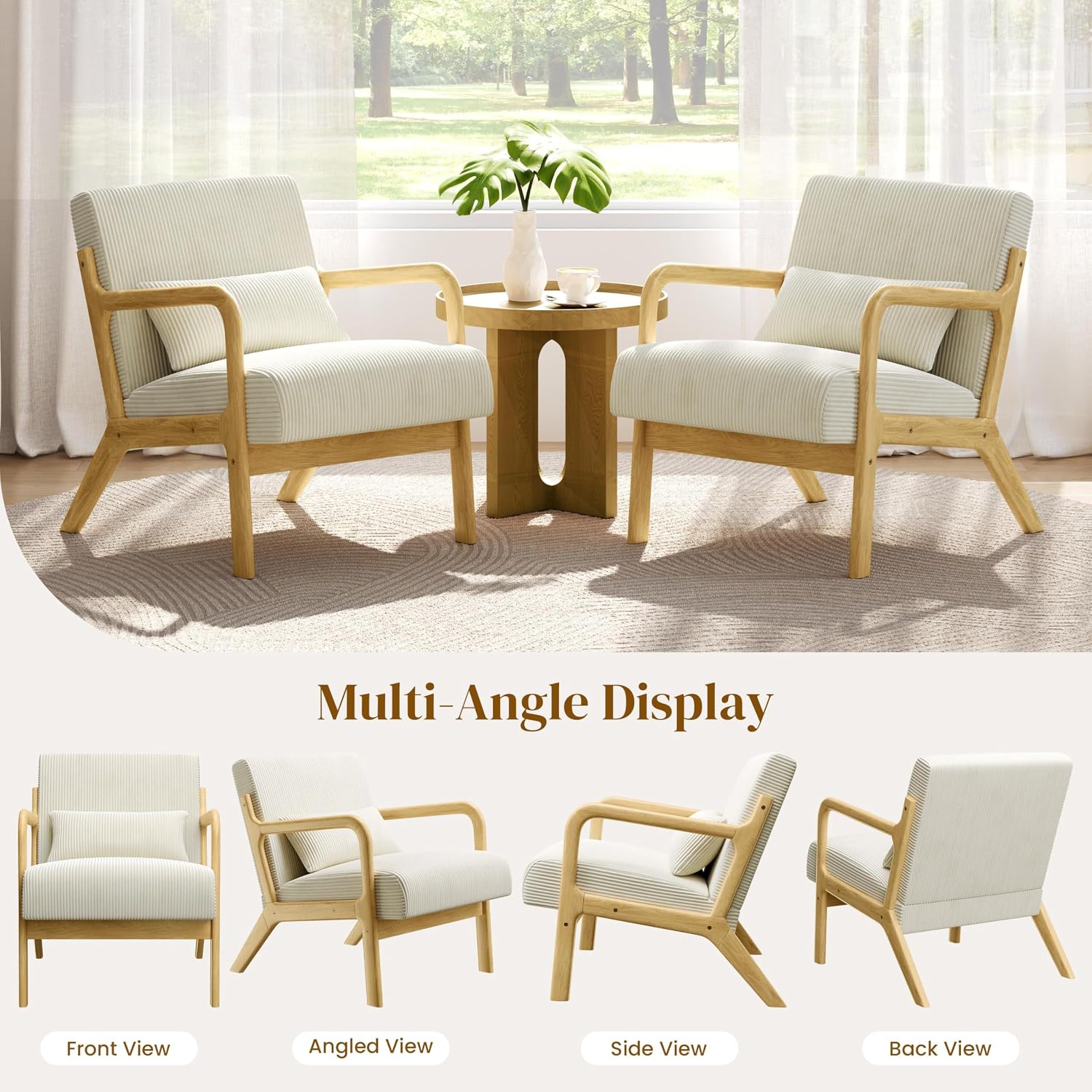 Yaheetech Accent Chair for Living Room, Corduroy Mid Century Modern Reading Armchairs with Lumbar Pillow for Bedroom, Decorative Sofa Chair for Adult Beige/Set of 1