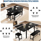 IDEALHOUSE 5-Piece Extendable Dining Table Set for 6-8 People, 63 Inch Kitchen Table with 2 Benches & 2 Stools, Space Saving Modern Dining Room Furniture, Black