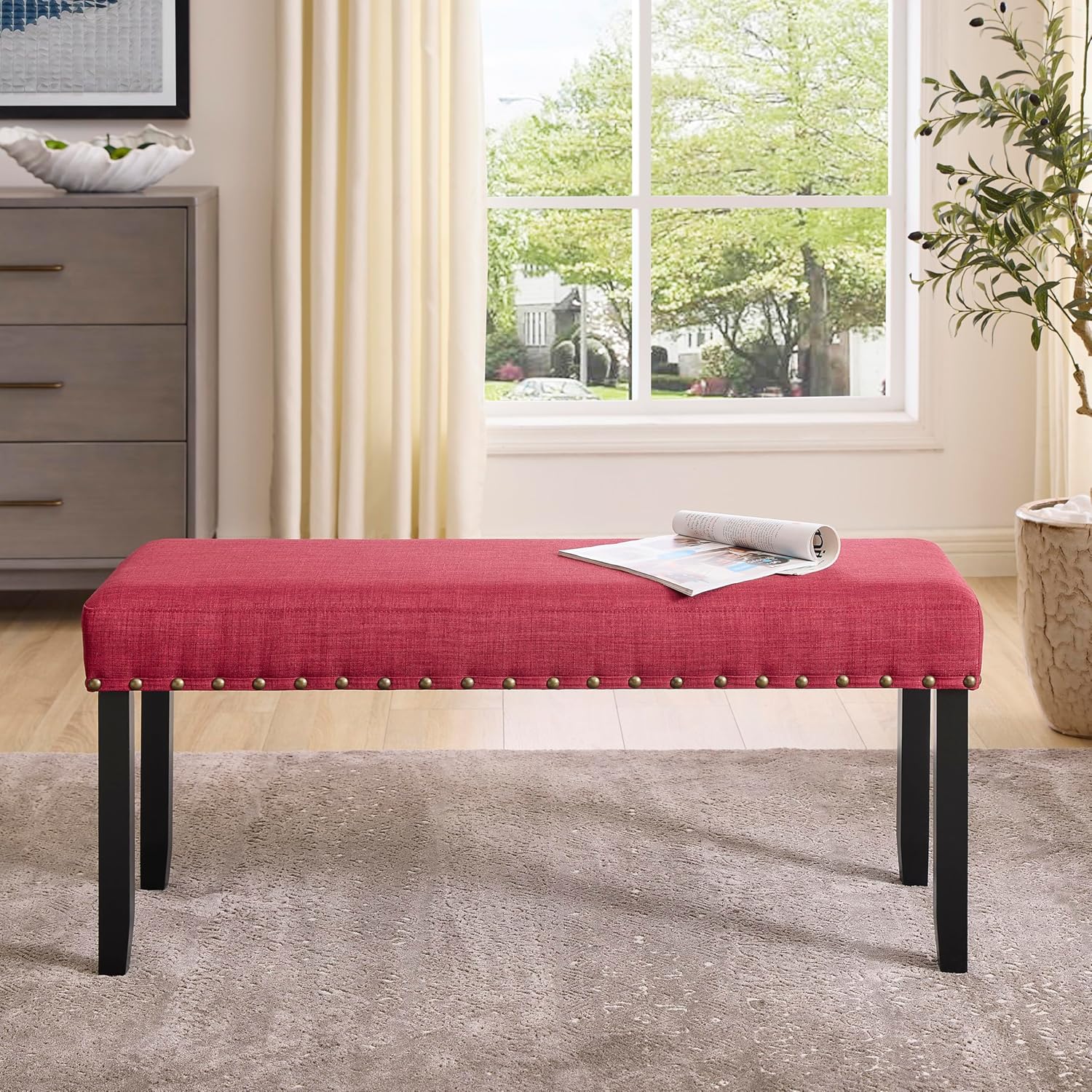 Roundhill Furniture Biony Fabric Dining Bench with Nailhead Trim, Red