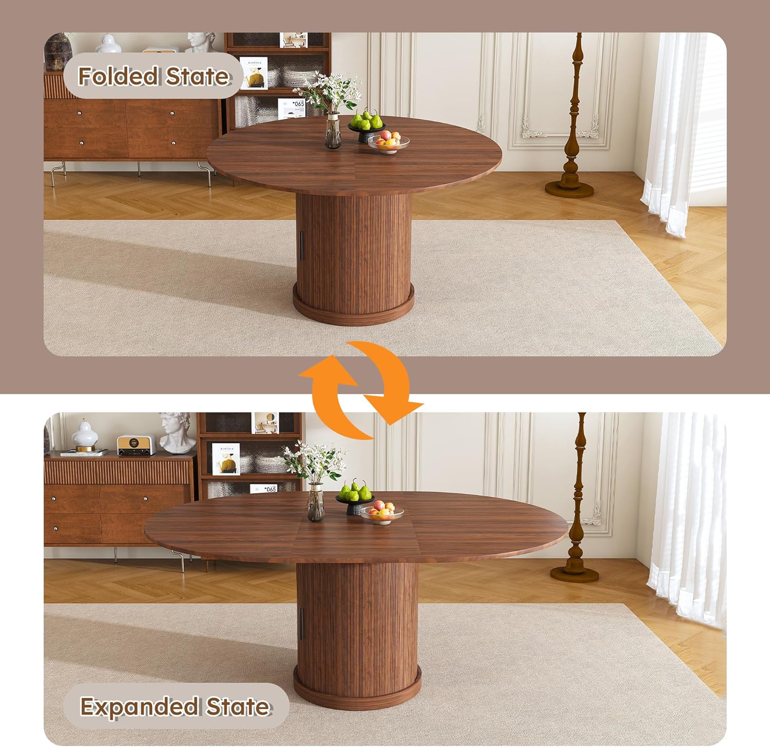 Round Extendable Dining Room Table for 4 6, 47"-59" Oval Expandable Kitchen Table w/Storage Shelf and Drawer, Farmhouse Walnut Space Saving Wood Dinner Tables with Fluted Pedestal Base