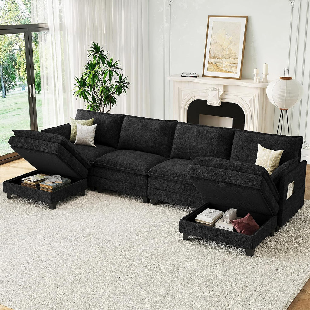 140" U-Shaped Modern Modular Sectional Sofa, Chenille Cloud Couch with Storage Ottoman, Deep Seat Couches with Side Pocket for Living Room, Bedroom and Apartment, Dark Grey